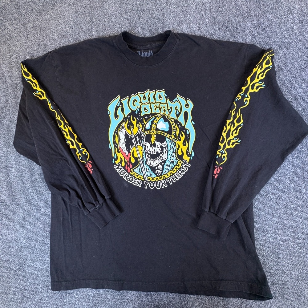 Liquid Death Shirt Mens 2XL Black Skeletal Knight‎ Flames Graphic Long Sleeve
